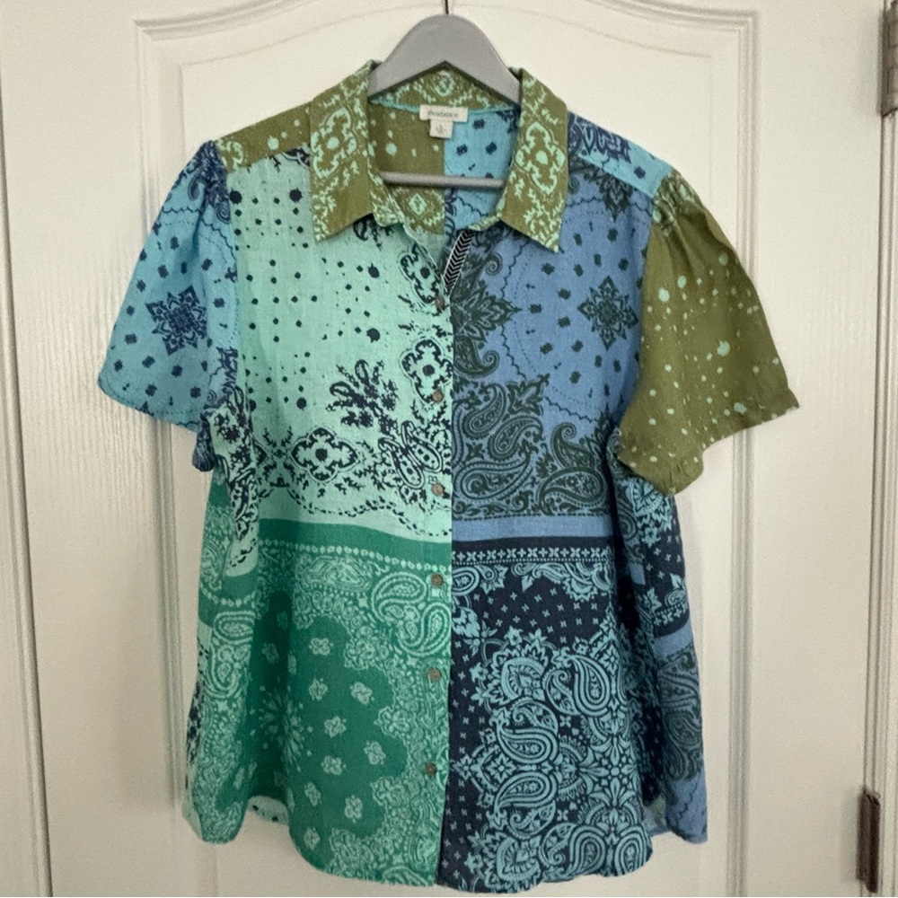 Sundance 100% Linen Short Sleeve Button Up Shirt Blue Green Bandana Print Size L